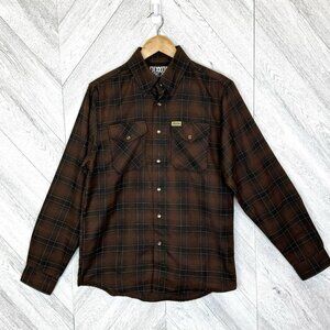 Dixxon Flannel Shirt CALICO Mens Size Small Brown Black Plaid Pearl Snap RARE